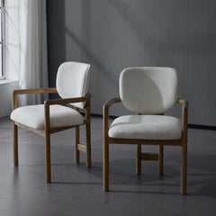 Dining Chairs Set of 2 Upholstered Arm Chairs, Rubber Wood Accent Chairs White Fabric Seating, 300 LBS Weight Capacity