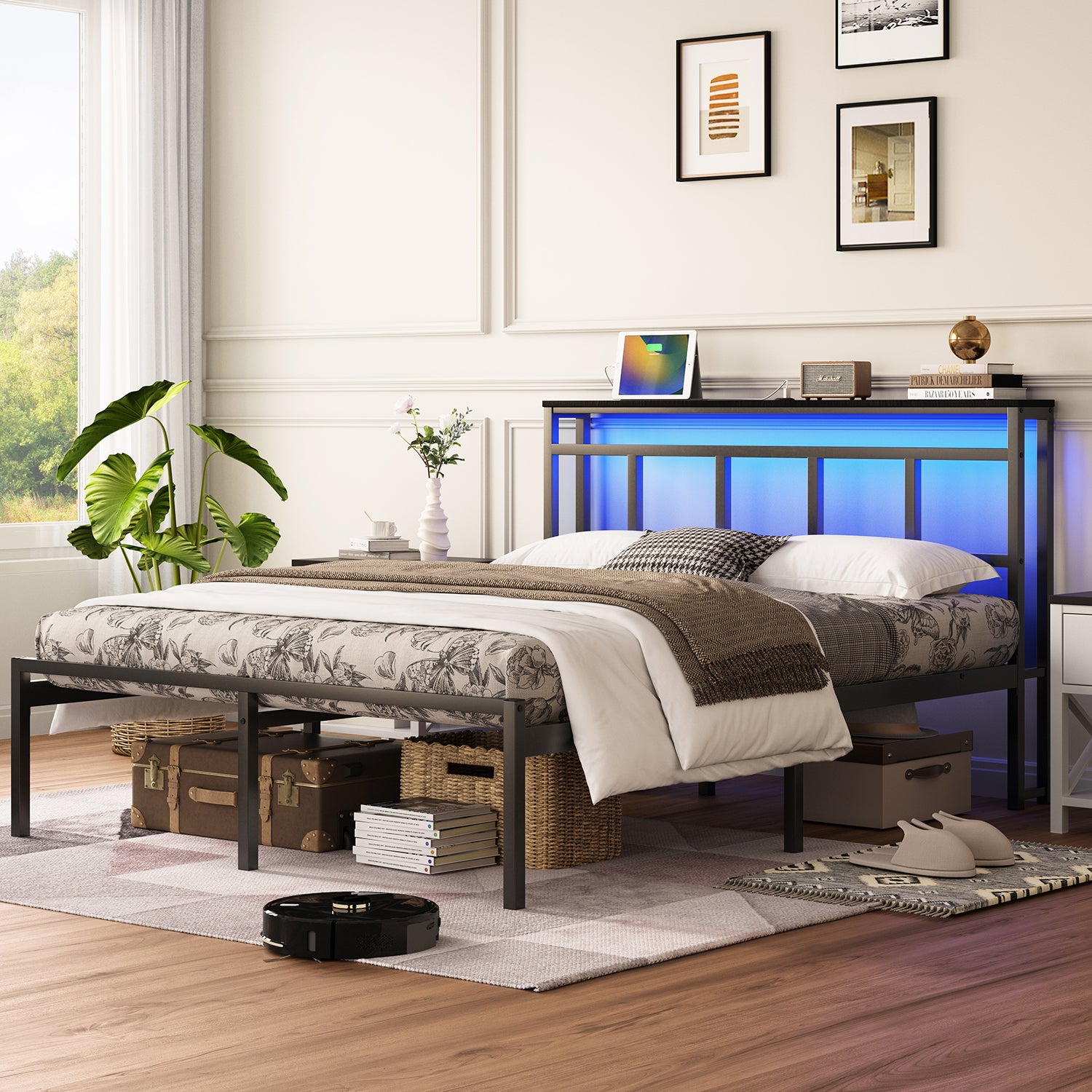 14 Inch Queen Bed Frame with Storage Headboard, Metal Platform Bed Frame with USB-C,Type-C and LED Light, Black