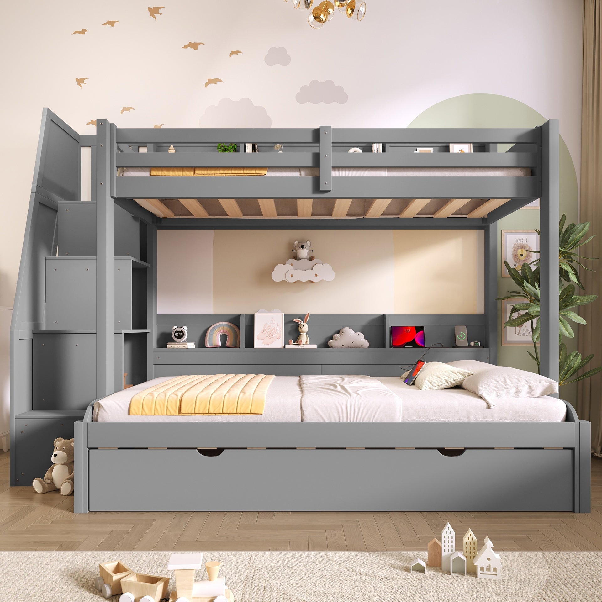Twin over Full Bunk Bed with Storage Staircase,  Trundle, Storage Shelves, LED and USB, Grey