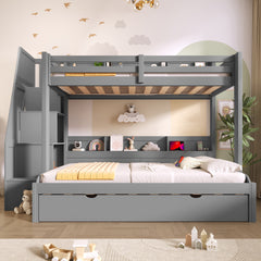Twin over Full Bunk Bed with Storage Staircase,  Trundle, Storage Shelves, LED and USB, Grey