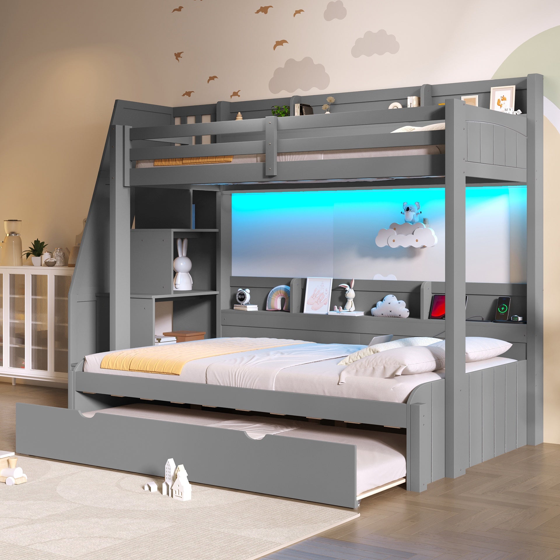 Twin over Full Bunk Bed with Storage Staircase,  Trundle, Storage Shelves, LED and USB, Grey