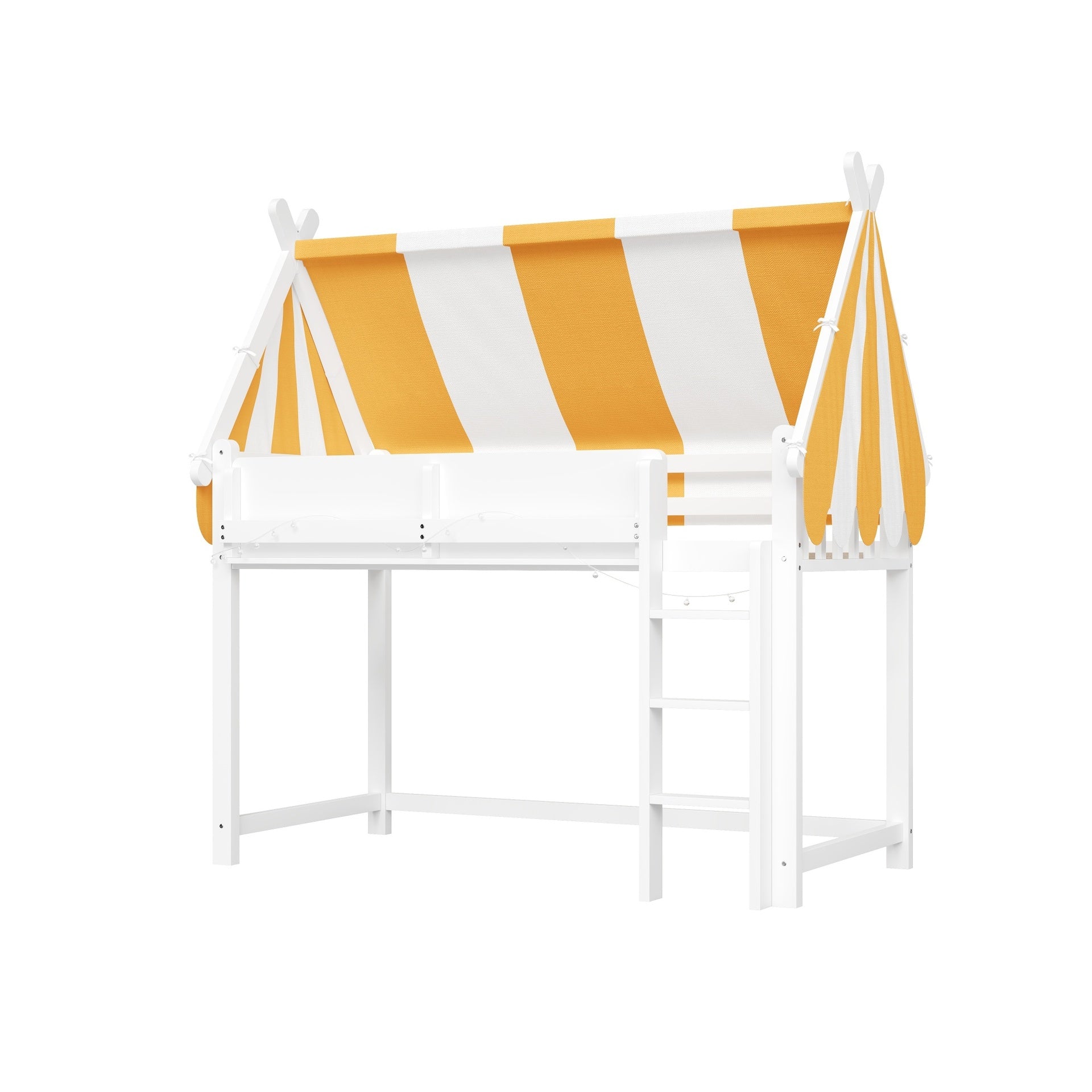 Twin Size Loft Bed with Canopy, LED Lights & Book Shelf, White