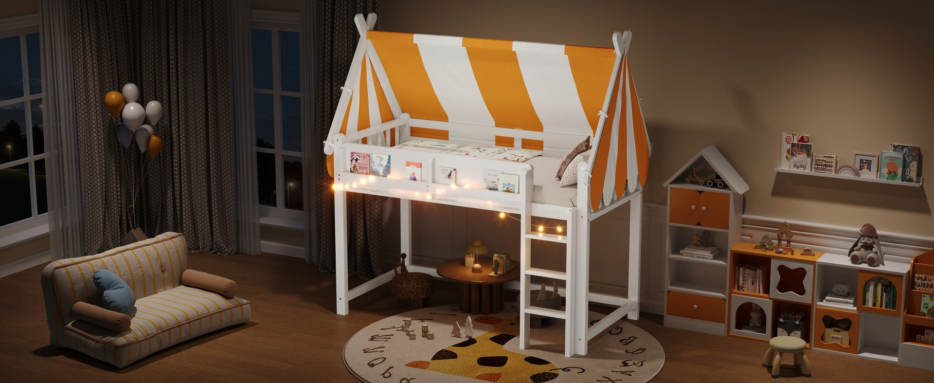 Twin Size Loft Bed with Canopy, LED Lights & Book Shelf, White