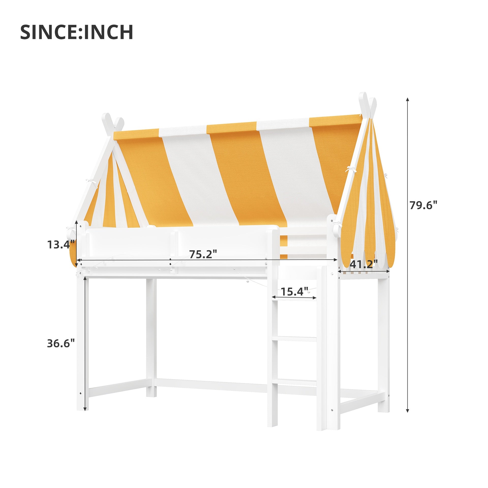 Twin Size Loft Bed with Canopy, LED Lights & Book Shelf, White