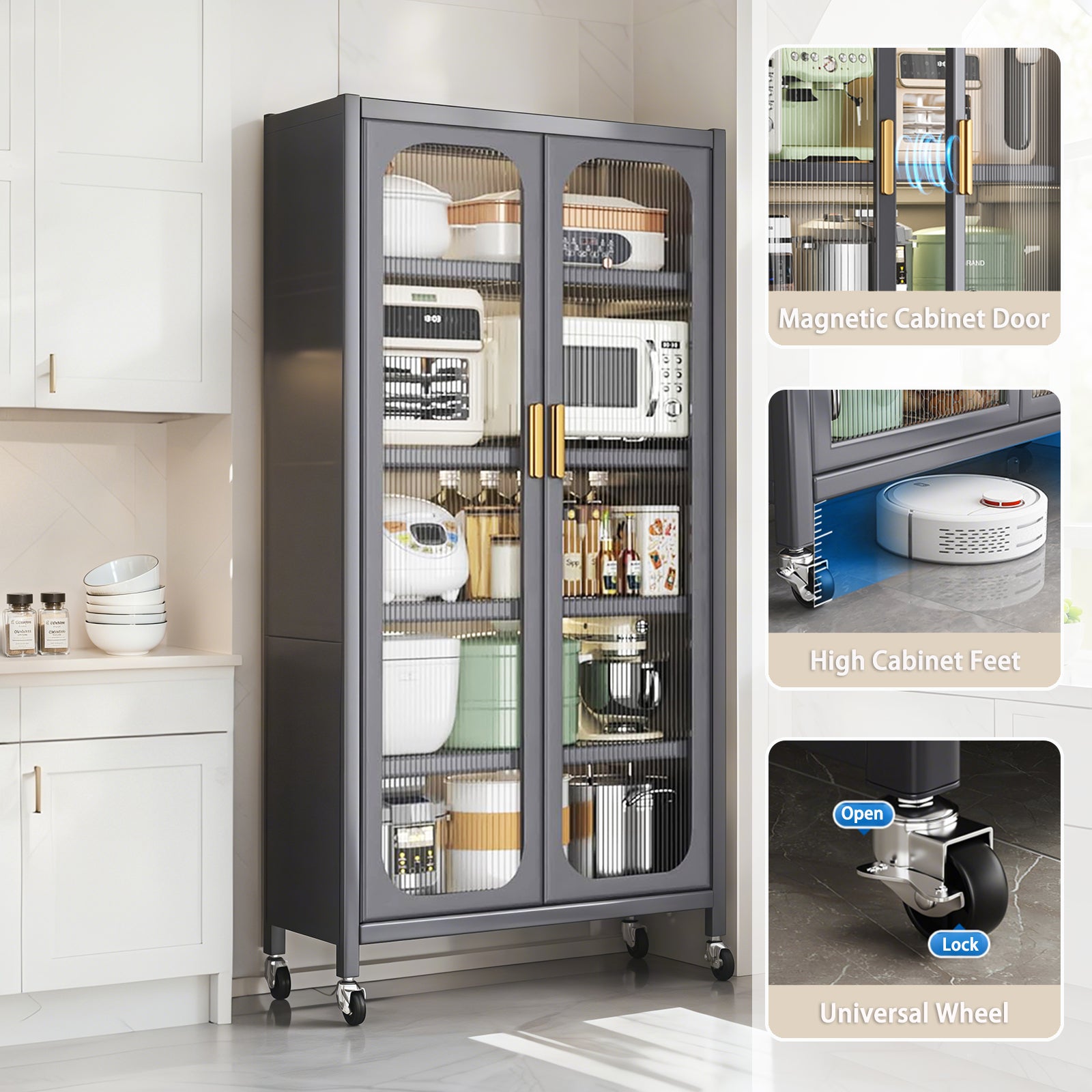 65" Kitchen Pantry Storage Cabinet, 6 Tier Metal Display Storage Cabinet with Transparent Door, Adjustable Shelves & Wheels, Food Pantries Cabinets, for Kitchen, Living Room and Dining Room, Gray