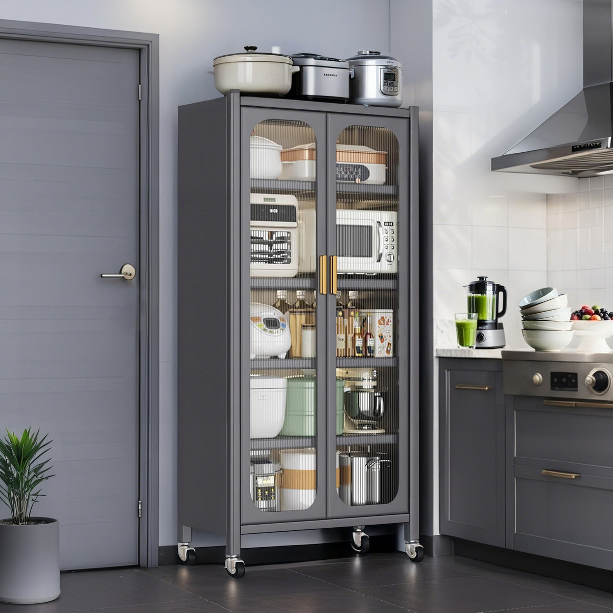 65" Kitchen Pantry Storage Cabinet, 6 Tier Metal Display Storage Cabinet with Transparent Door, Adjustable Shelves & Wheels, Food Pantries Cabinets, for Kitchen, Living Room and Dining Room, Gray