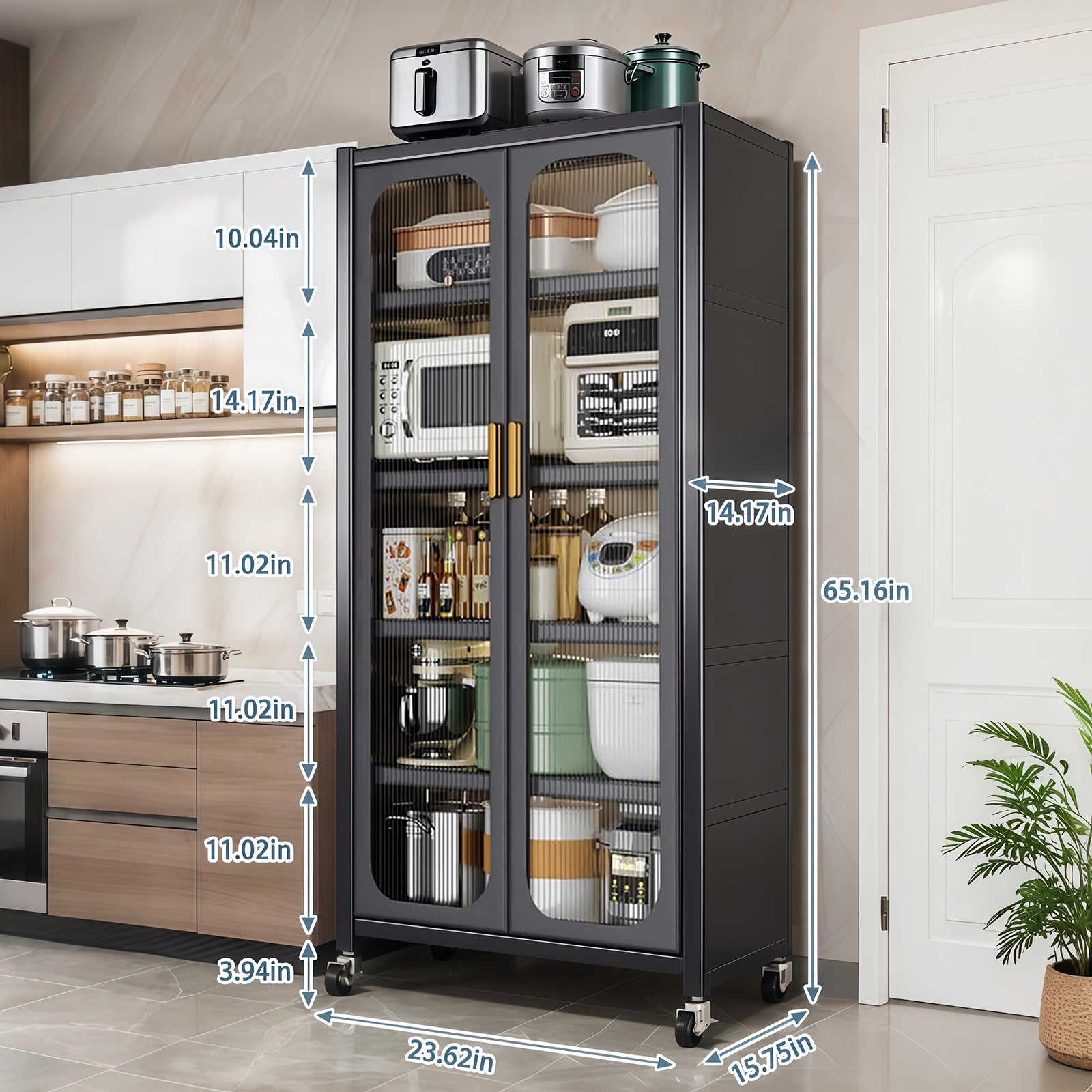 65" Kitchen Pantry Storage Cabinet, 6 Tier Metal Display Storage Cabinet with Transparent Door, Adjustable Shelves & Wheels, Food Pantries Cabinets, for Kitchen, Living Room and Dining Room, Gray