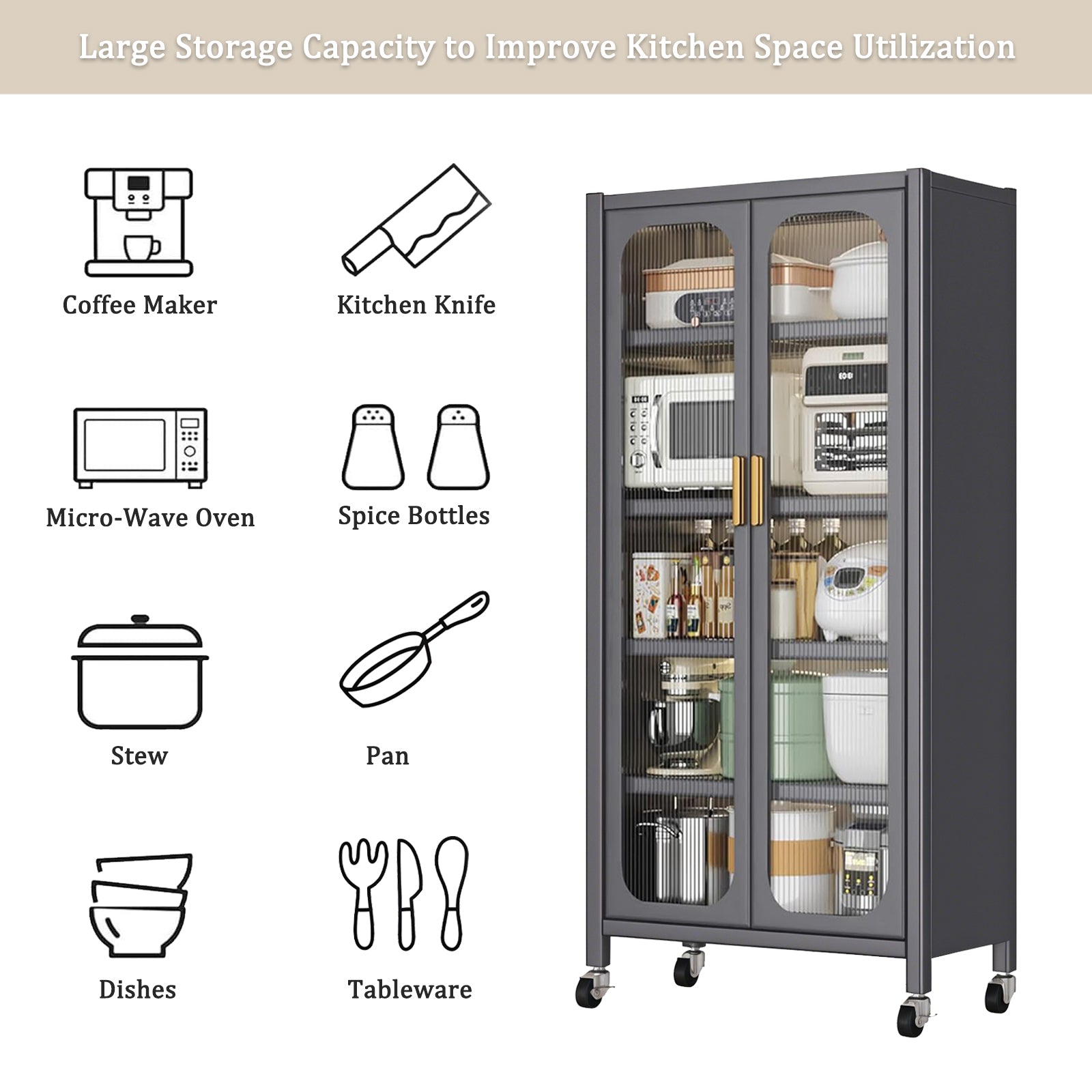 65" Kitchen Pantry Storage Cabinet, 6 Tier Metal Display Storage Cabinet with Transparent Door, Adjustable Shelves & Wheels, Food Pantries Cabinets, for Kitchen, Living Room and Dining Room, Gray