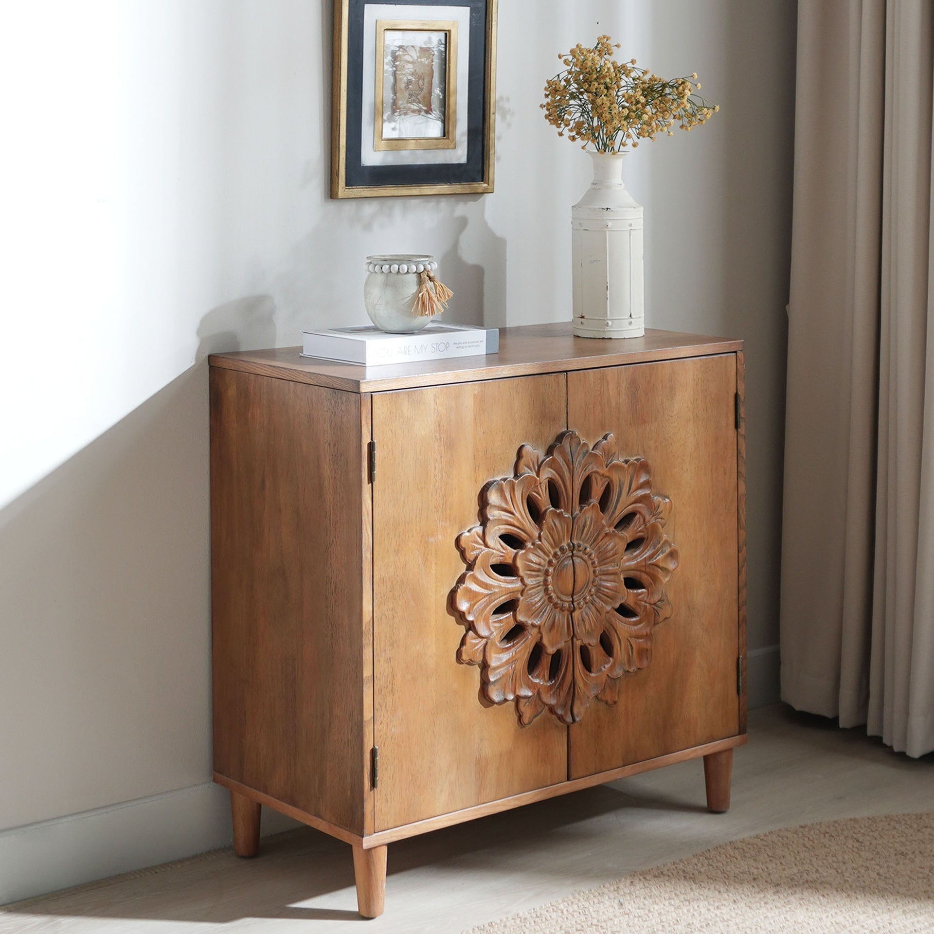 Rustic Hand-Carved Wooden 2-Door Cabinet – Boho Accent Storage Cabinet with Floral Design, Solid Wood Sideboard for Living Room, Entryway, or Bedroom