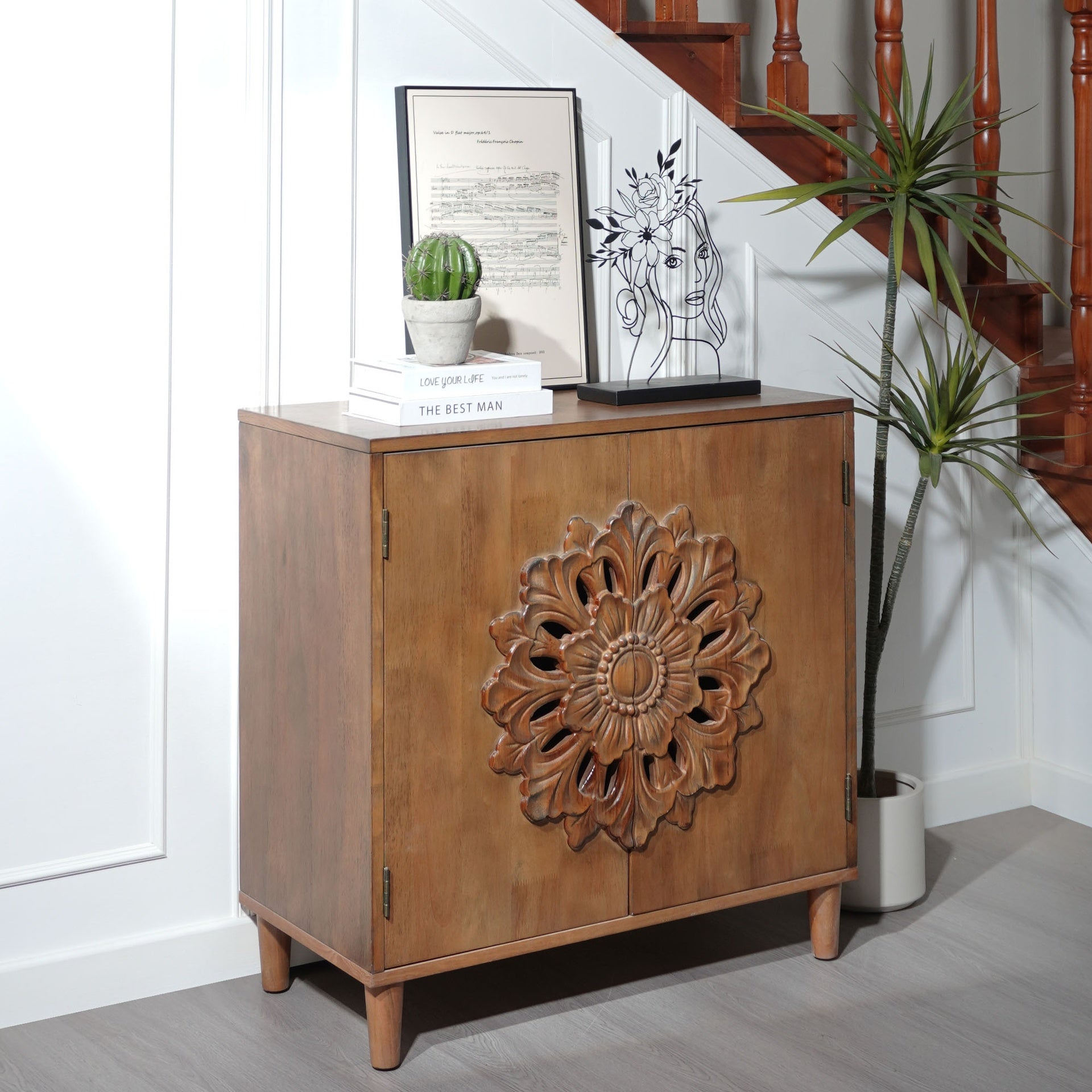 Rustic Hand-Carved Wooden 2-Door Cabinet – Boho Accent Storage Cabinet with Floral Design, Solid Wood Sideboard for Living Room, Entryway, or Bedroom
