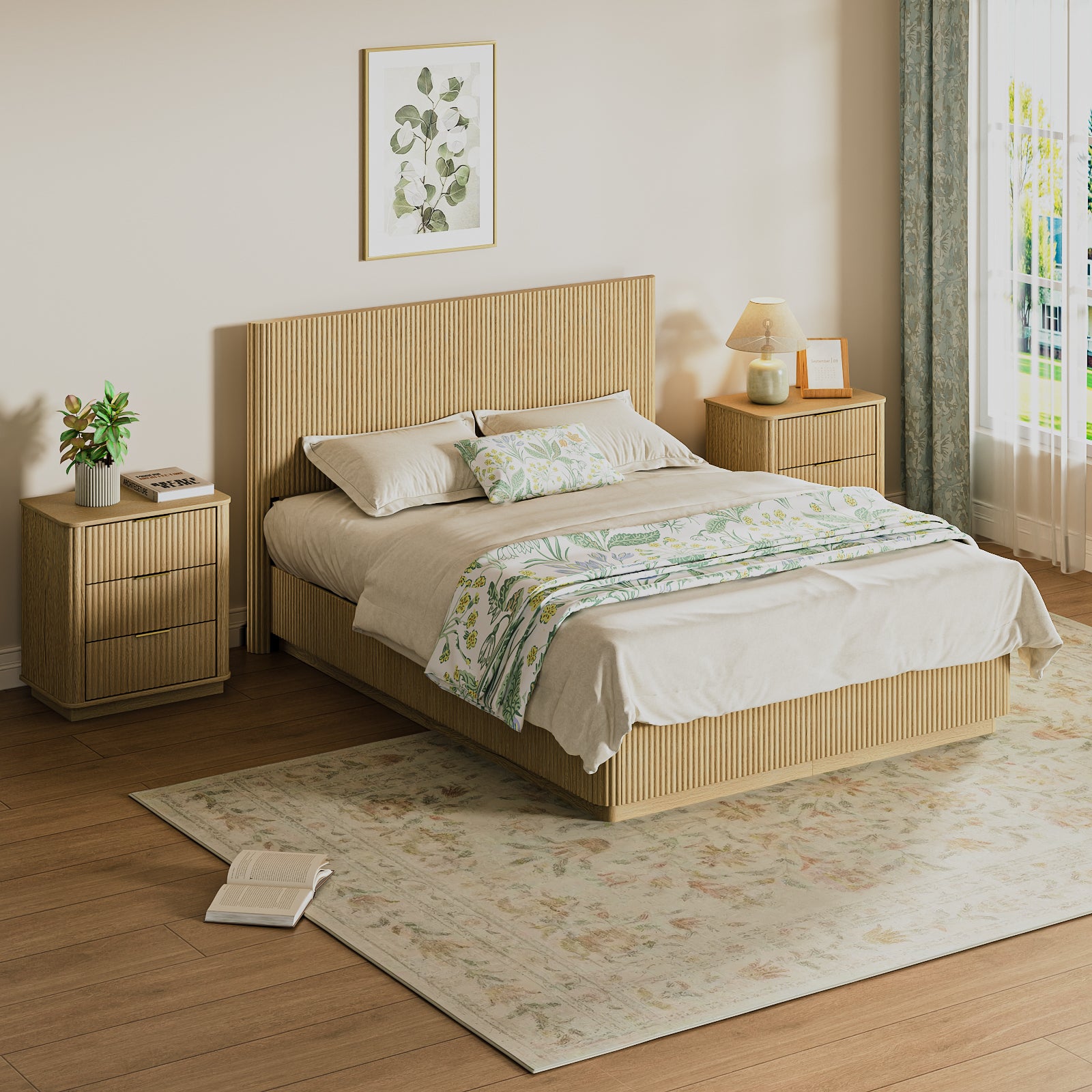 Queen Size Bed Frame with LED Lights, Modern Wooden Corrugated Curved Lines, Convex Groove Board Design, Oak.