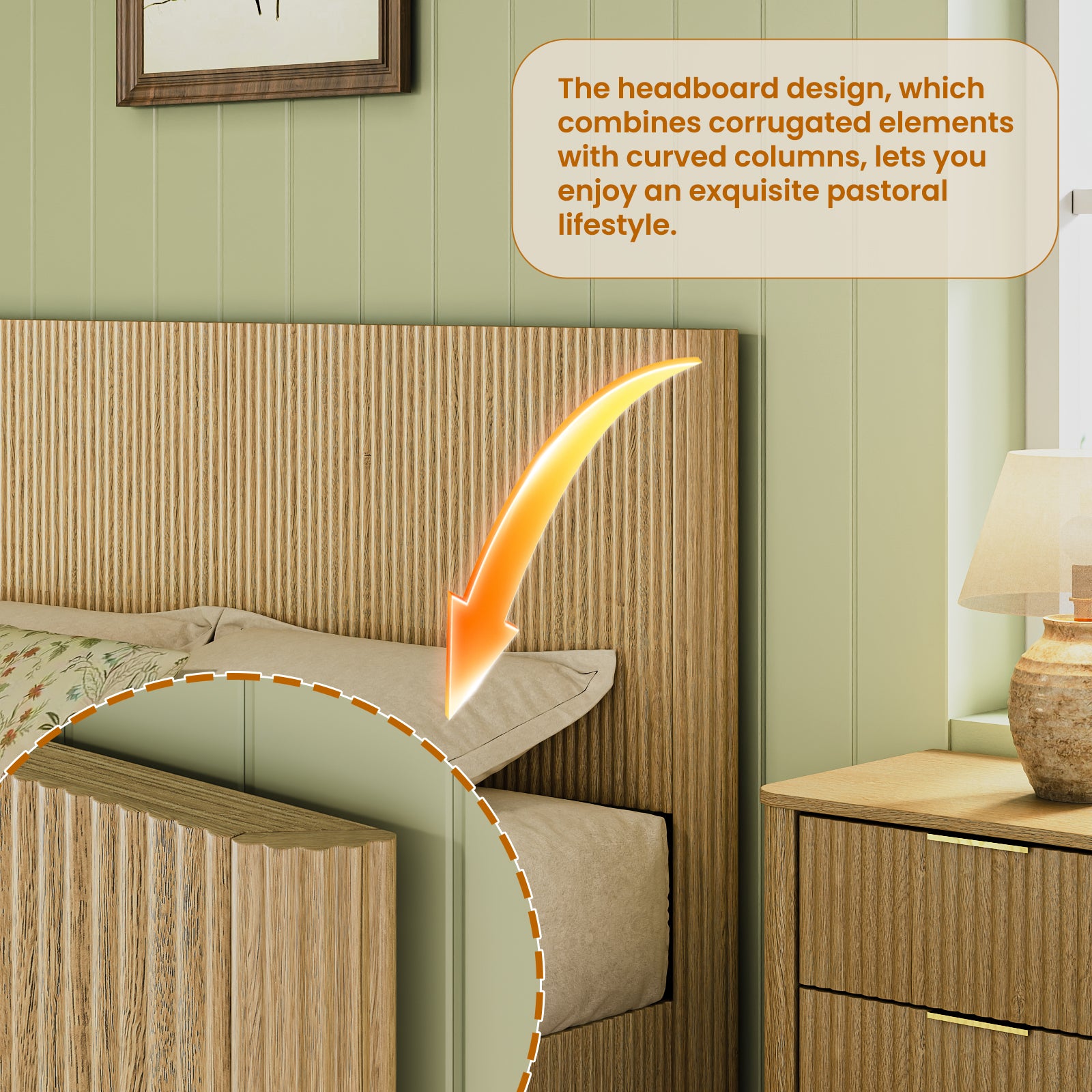 Queen Size Bed Frame with LED Lights, Modern Wooden Corrugated Curved Lines, Convex Groove Board Design, Oak.