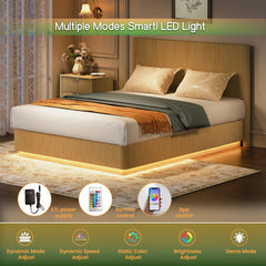 Queen Size Bed Frame with LED Lights, Modern Wooden Corrugated Curved Lines, Convex Groove Board Design, Oak.
