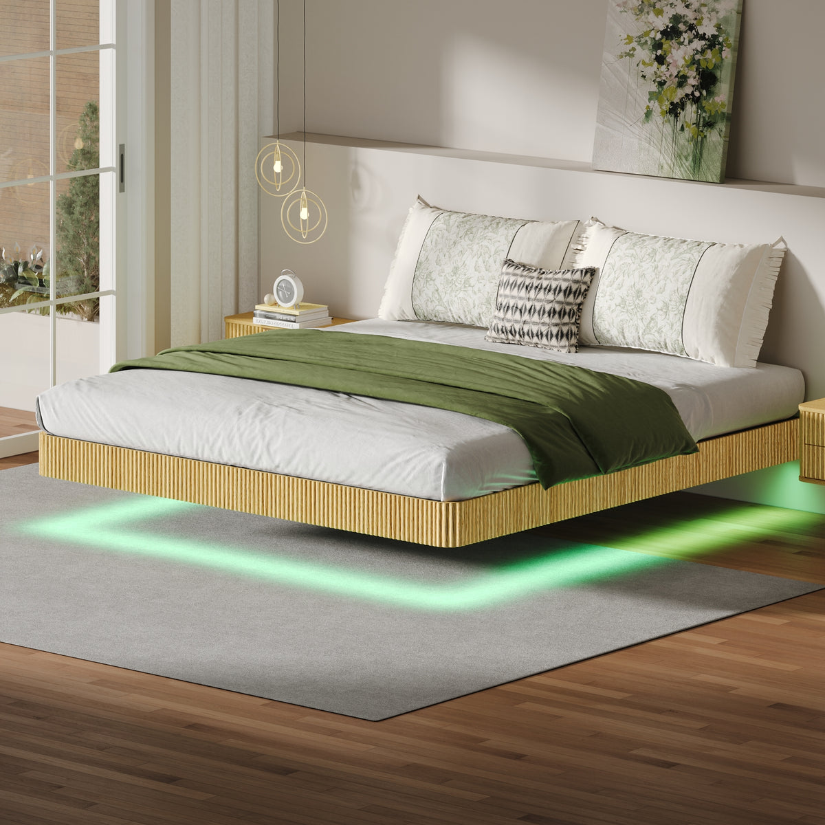 Oak King Floating Bed Frame with LED Lights, Wave Curve Wood Texture Bed with Heavy Duty Metal Slats - No Box Spring Needed.