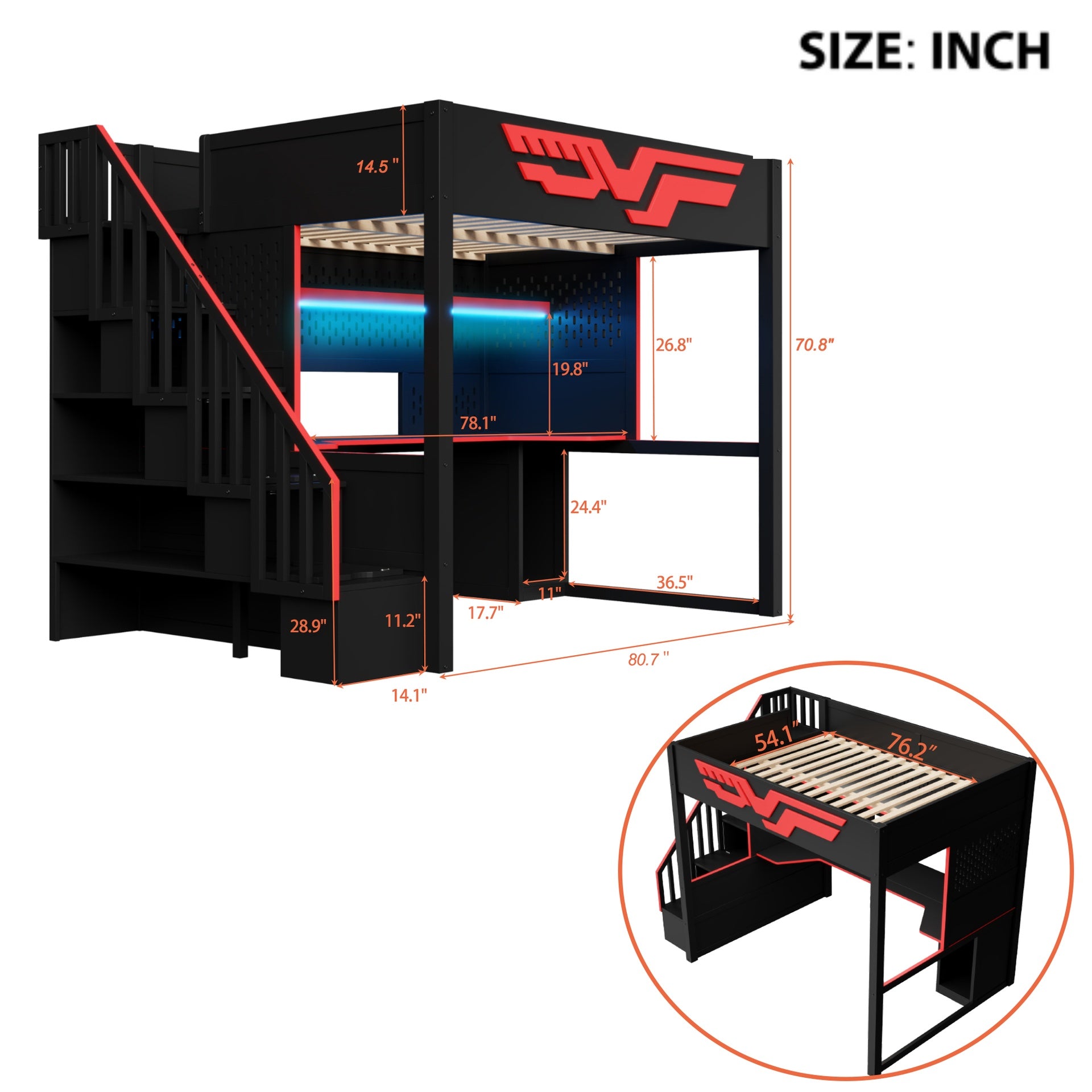 Gaming Loft Bed with Desk and Storage Staircase,LED Lights and USB, Full