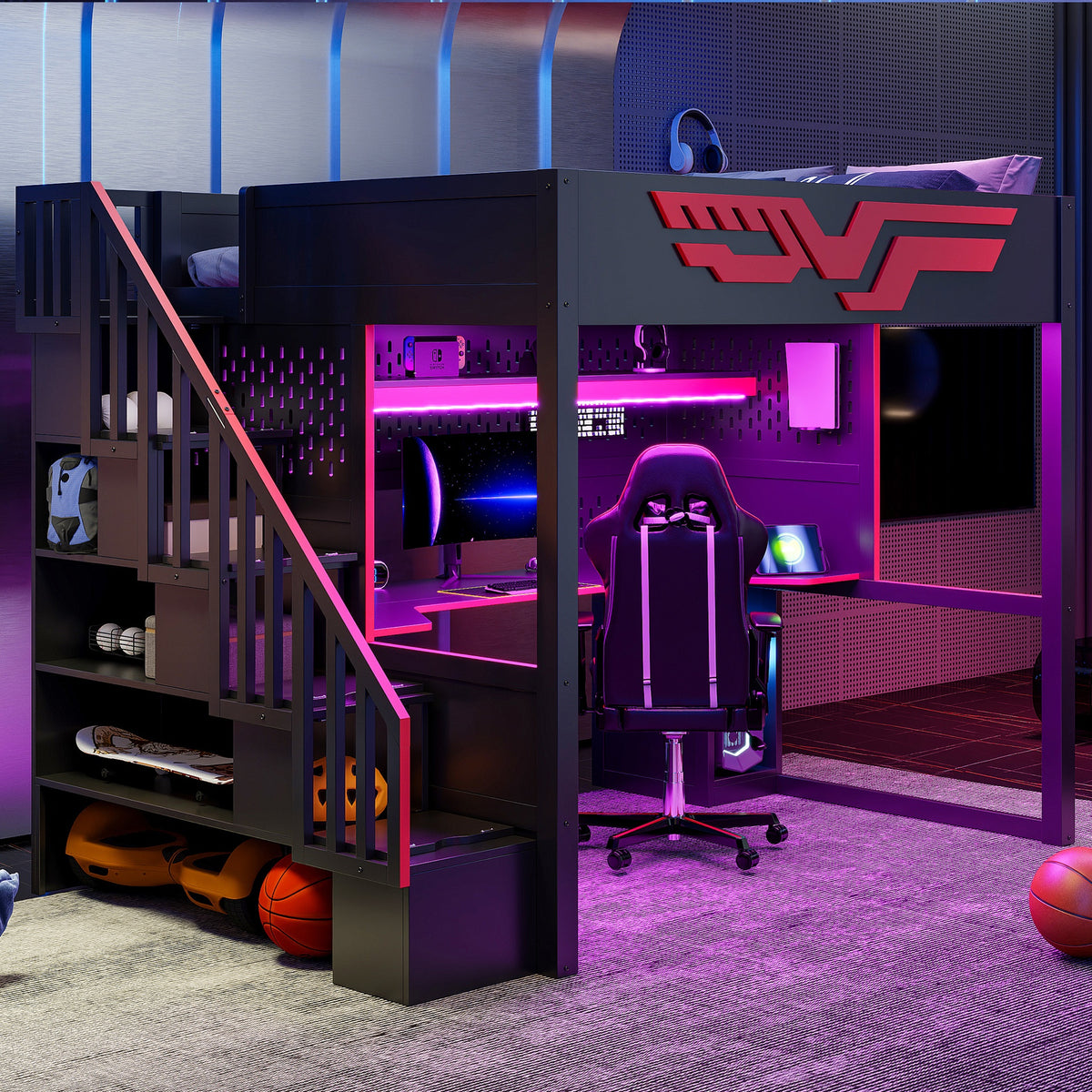 Gaming Loft Bed with Desk and Storage Staircase,LED Lights and USB, Full