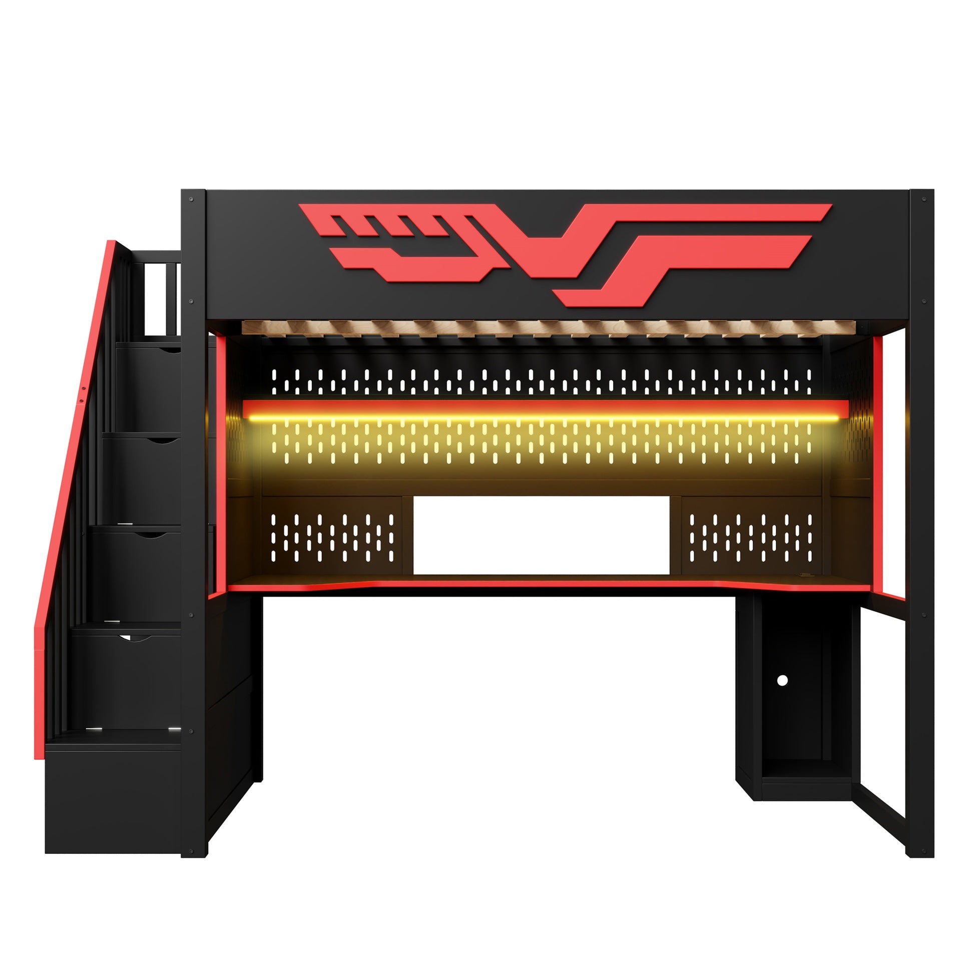 Gaming Loft Bed with Desk and Storage Staircase,LED Lights and USB, Full