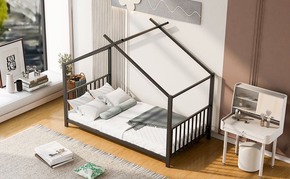 Twin Size Metal House Platform Bed, Black