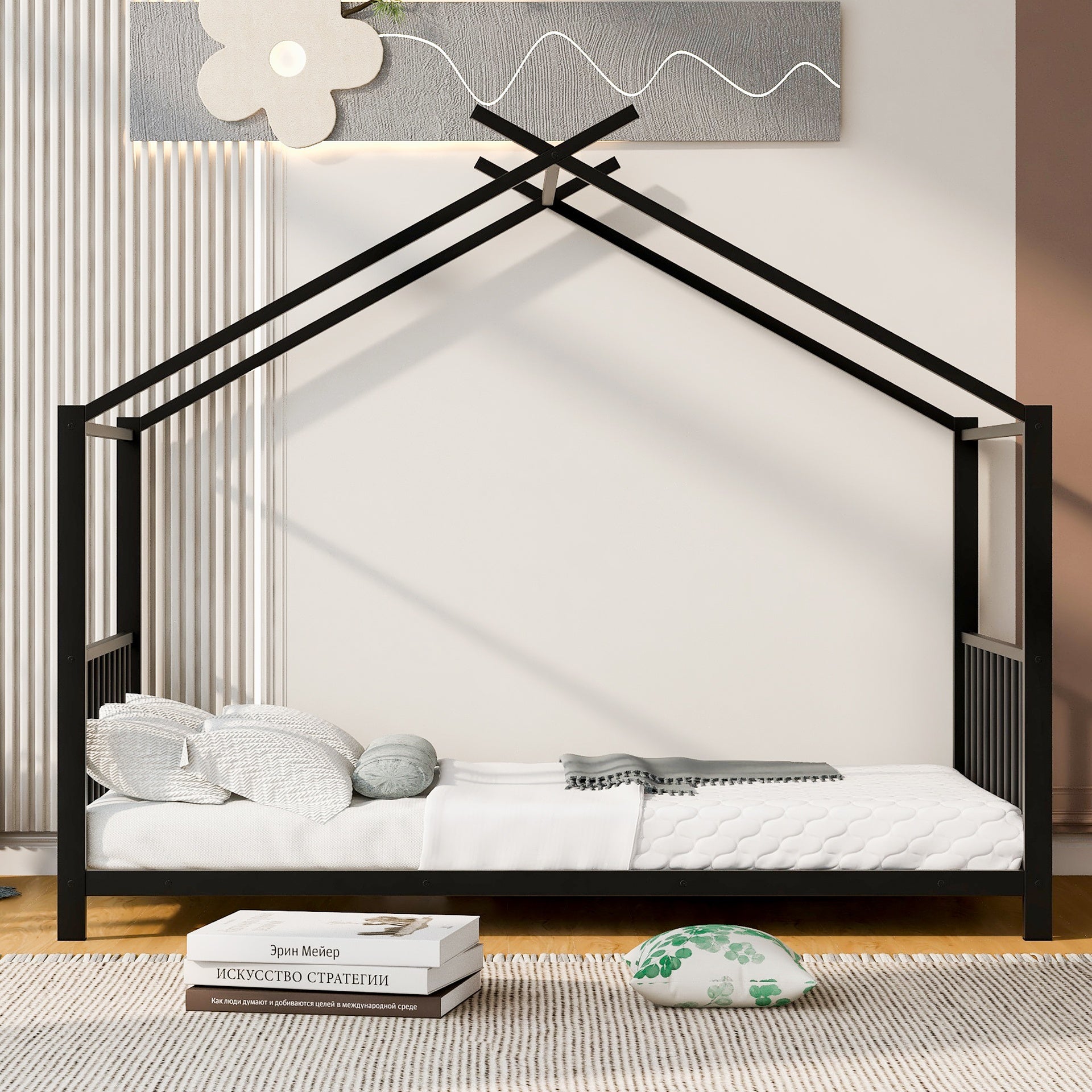 Twin Size Metal House Platform Bed, Black