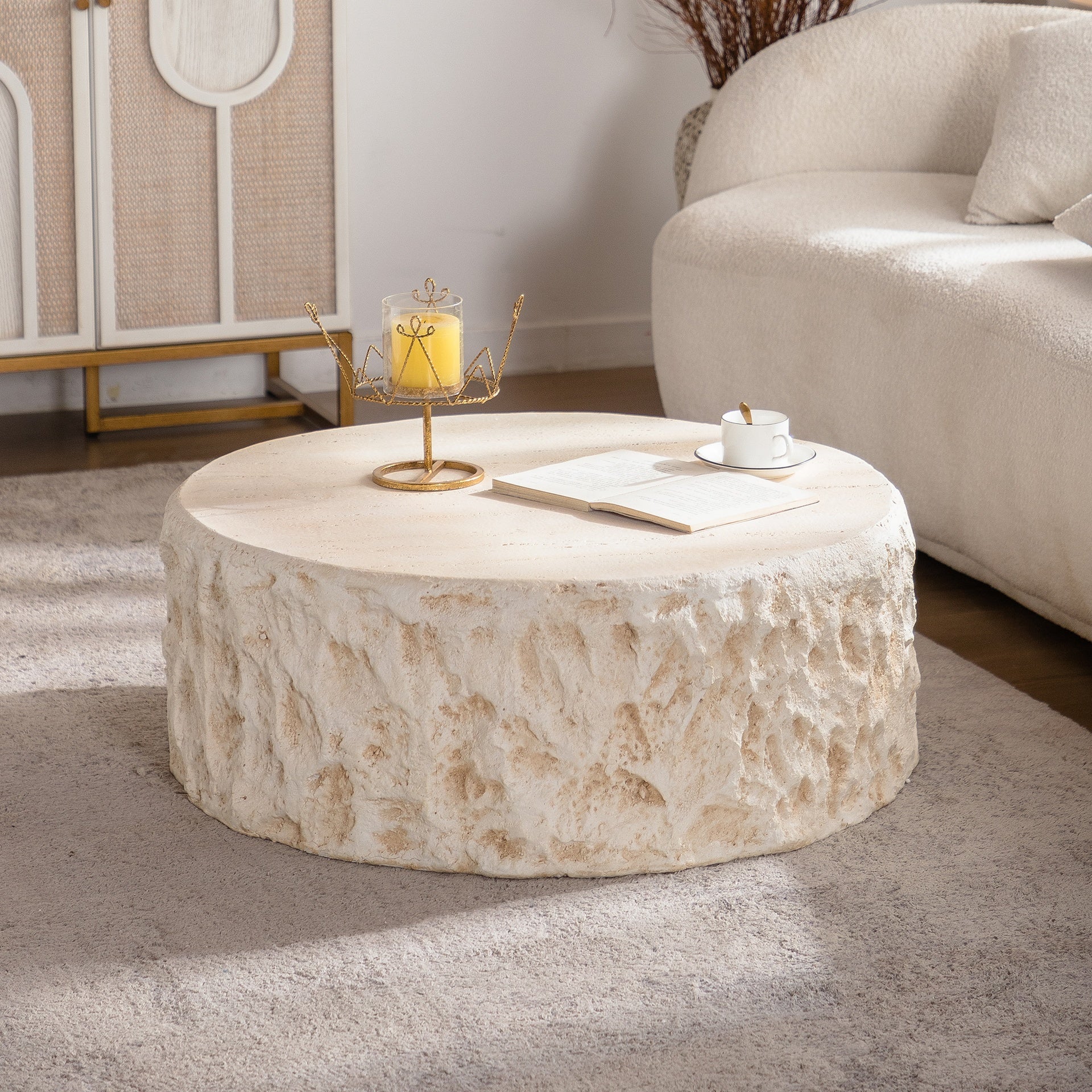 MgO Mid-Century Round Centre Coffee Table Vintage Faux Stone Sofa Pre-Modern Coffee Tables Beige Coffee Table for Living Room Office Apartment