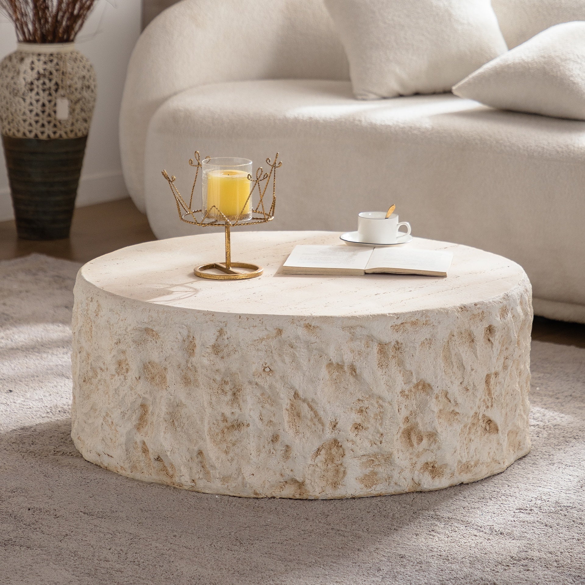 MgO Mid-Century Round Centre Coffee Table Vintage Faux Stone Sofa Pre-Modern Coffee Tables Beige Coffee Table for Living Room Office Apartment