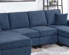 3pc Sectional Set Dark Blue Finish Right Arm And Left Arm Chaise USB Port Armless Loveseat Plastic Legs Matching Two Pillows Primary Living Room