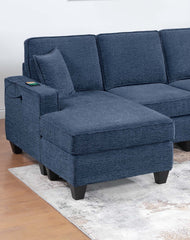 3pc Sectional Set Dark Blue Finish Right Arm And Left Arm Chaise USB Port Armless Loveseat Plastic Legs Matching Two Pillows Primary Living Room