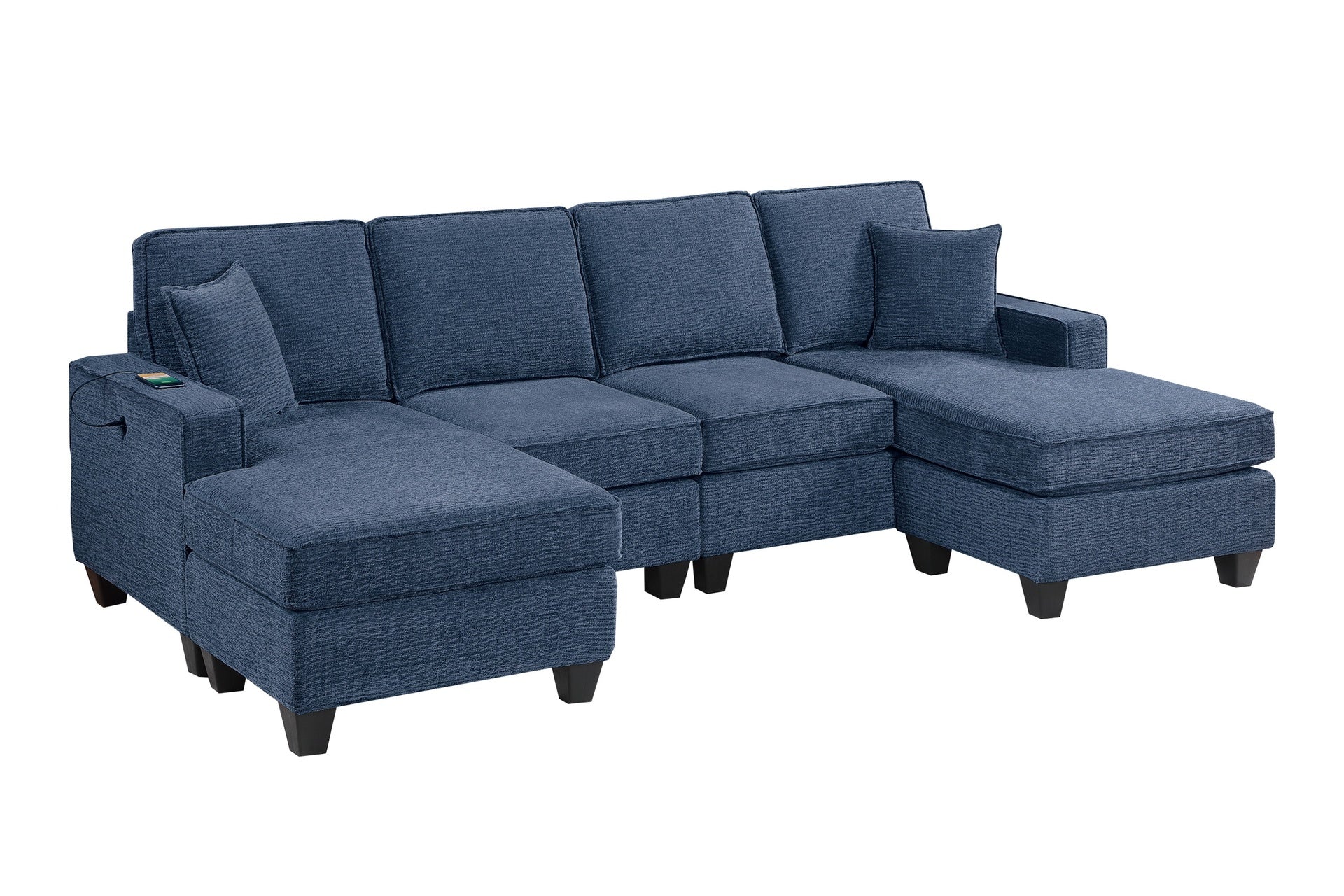 3pc Sectional Set Dark Blue Finish Right Arm And Left Arm Chaise USB Port Armless Loveseat Plastic Legs Matching Two Pillows Primary Living Room