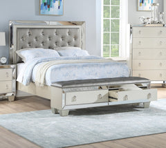 Glam Luxurious 1pc Eastern King Size Bed w Drawers Footboard Silver Mirror Accents Tufted Headboard Bedroom Furniture