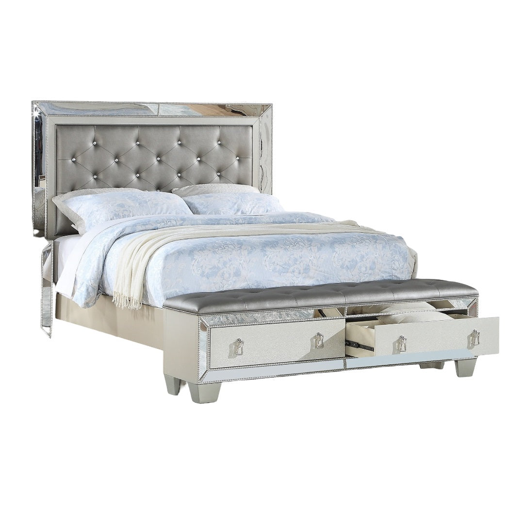Glam Luxurious 1pc Eastern King Size Bed w Drawers Footboard Silver Mirror Accents Tufted Headboard Bedroom Furniture