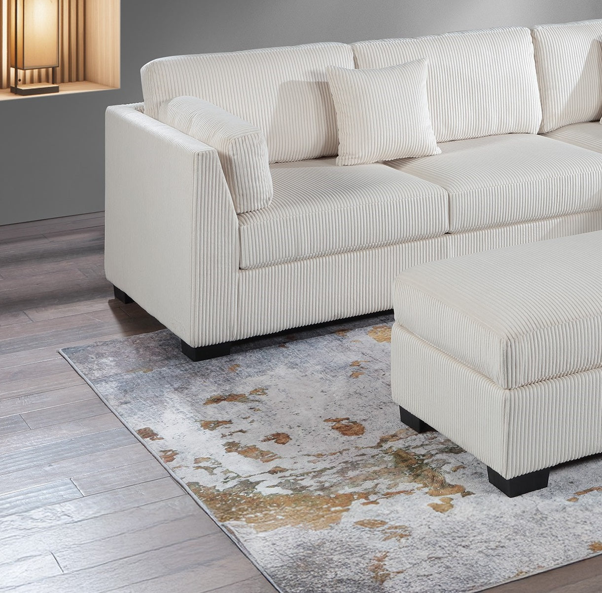 Contemporary Sectional Sofa Set Reversible L/R Chaise Sofa Beige Corduroy Upholstered Pillows Living Room Furniture