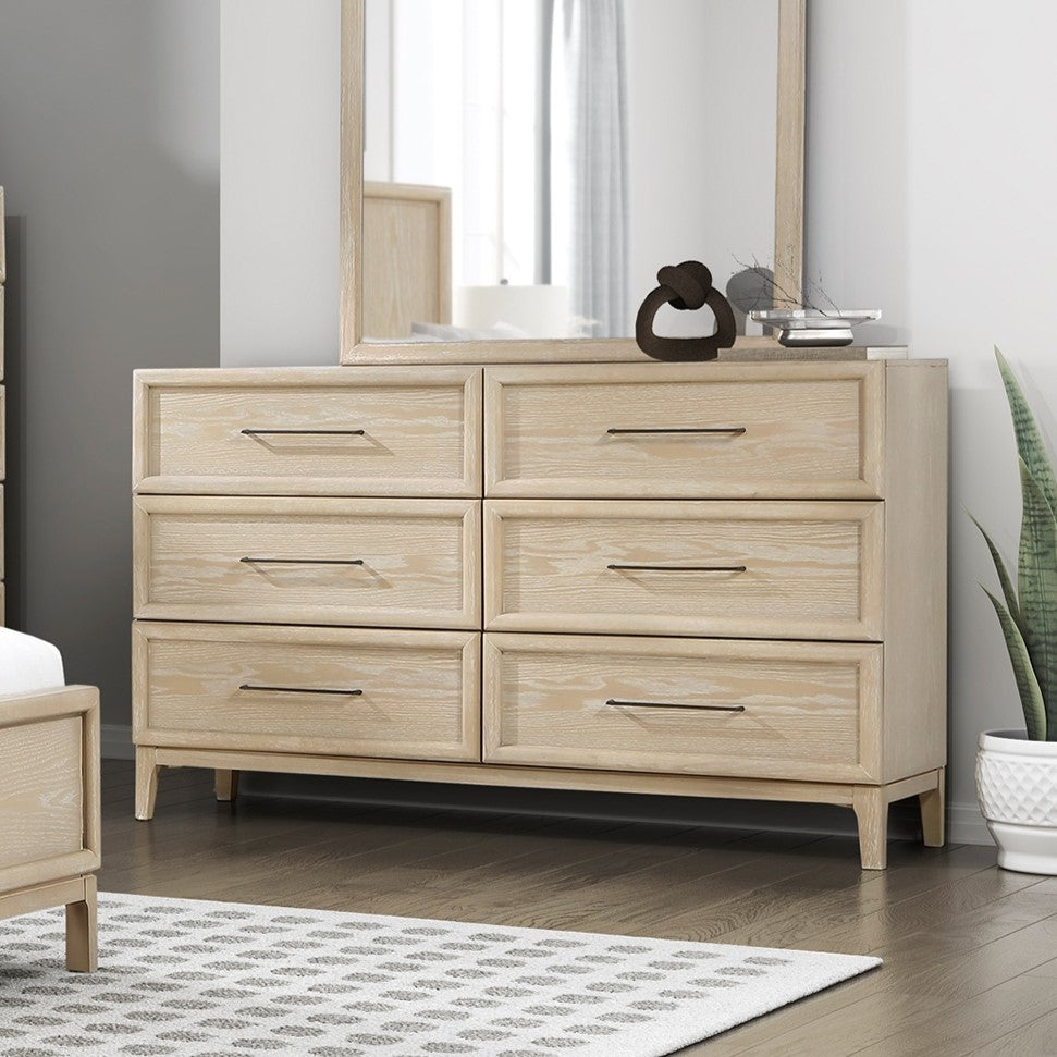 Contemporary Design Dresser of 6-Drawers Light Brown Finish Ball Bearing Glides Wooden Bedroom Furniture 1pc