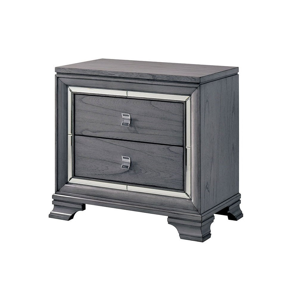 Contemporary Light Gray 1pc Nightstand Solidwood Dovetail Drawers Bedroom Furniture Bedside Table Acrylic Pulls Mirror Trim