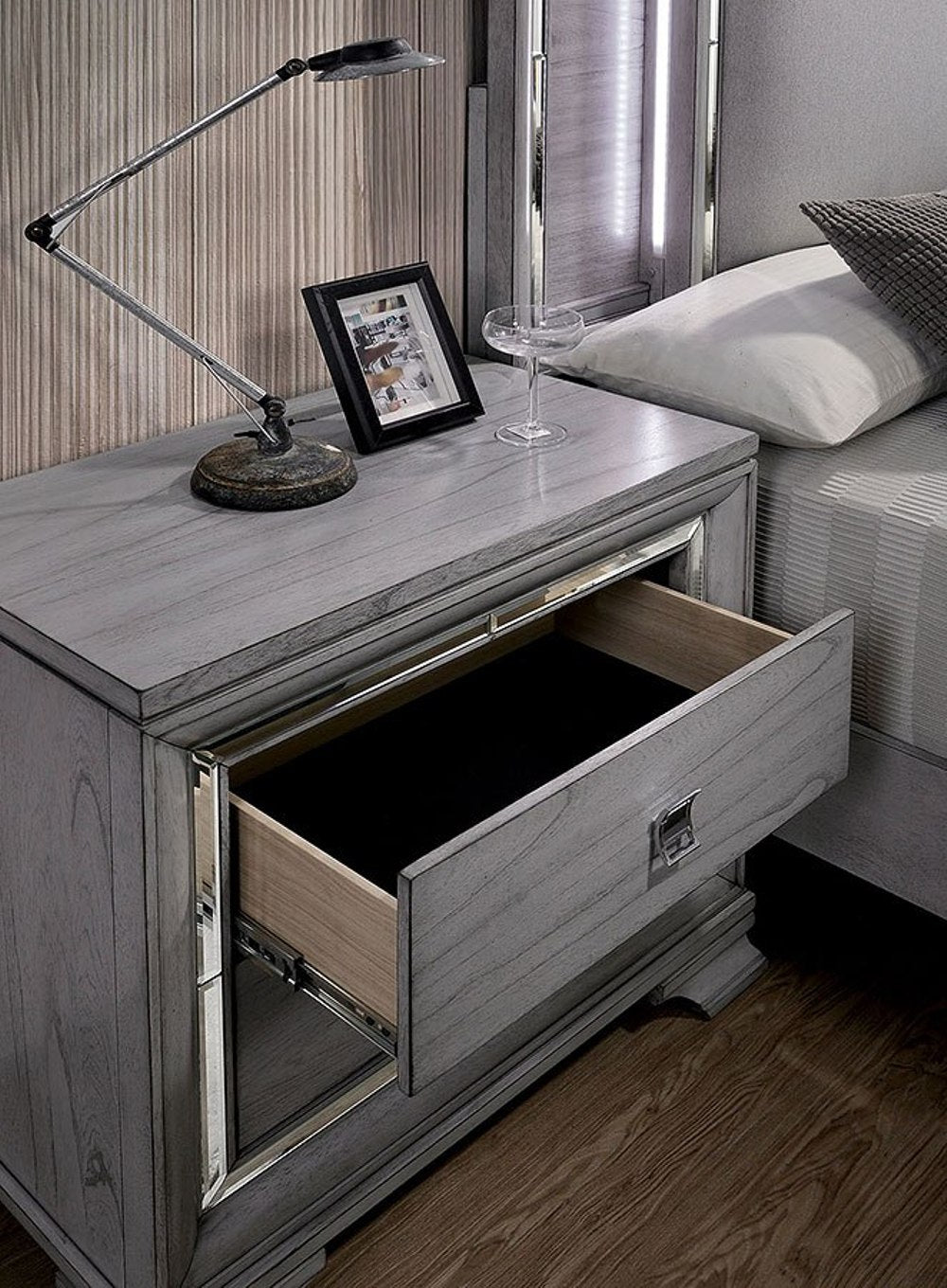 Contemporary Light Gray 1pc Nightstand Solidwood Dovetail Drawers Bedroom Furniture Bedside Table Acrylic Pulls Mirror Trim
