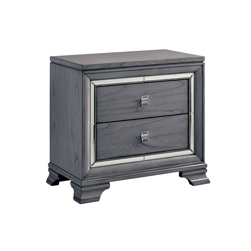 Contemporary Light Gray 1pc Nightstand Solidwood Dovetail Drawers Bedroom Furniture Bedside Table Acrylic Pulls Mirror Trim