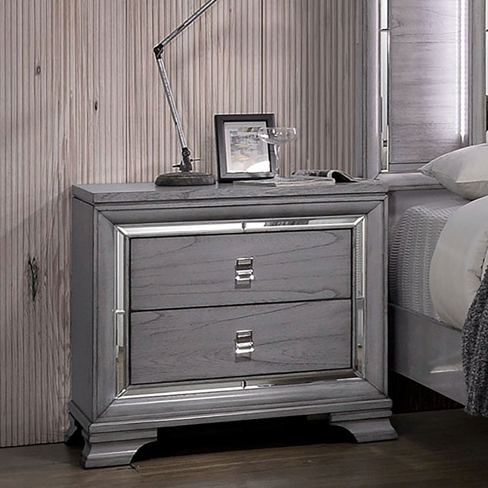 Contemporary Light Gray 1pc Nightstand Solidwood Dovetail Drawers Bedroom Furniture Bedside Table Acrylic Pulls Mirror Trim