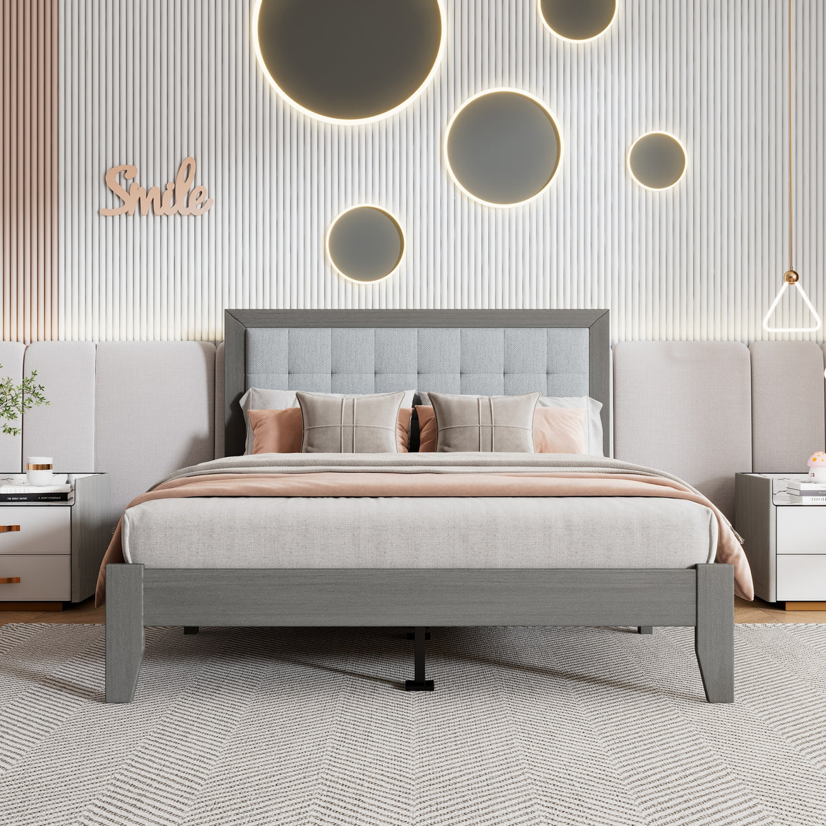 Solid Wood Platform Upholstered Headboard Queen Bed