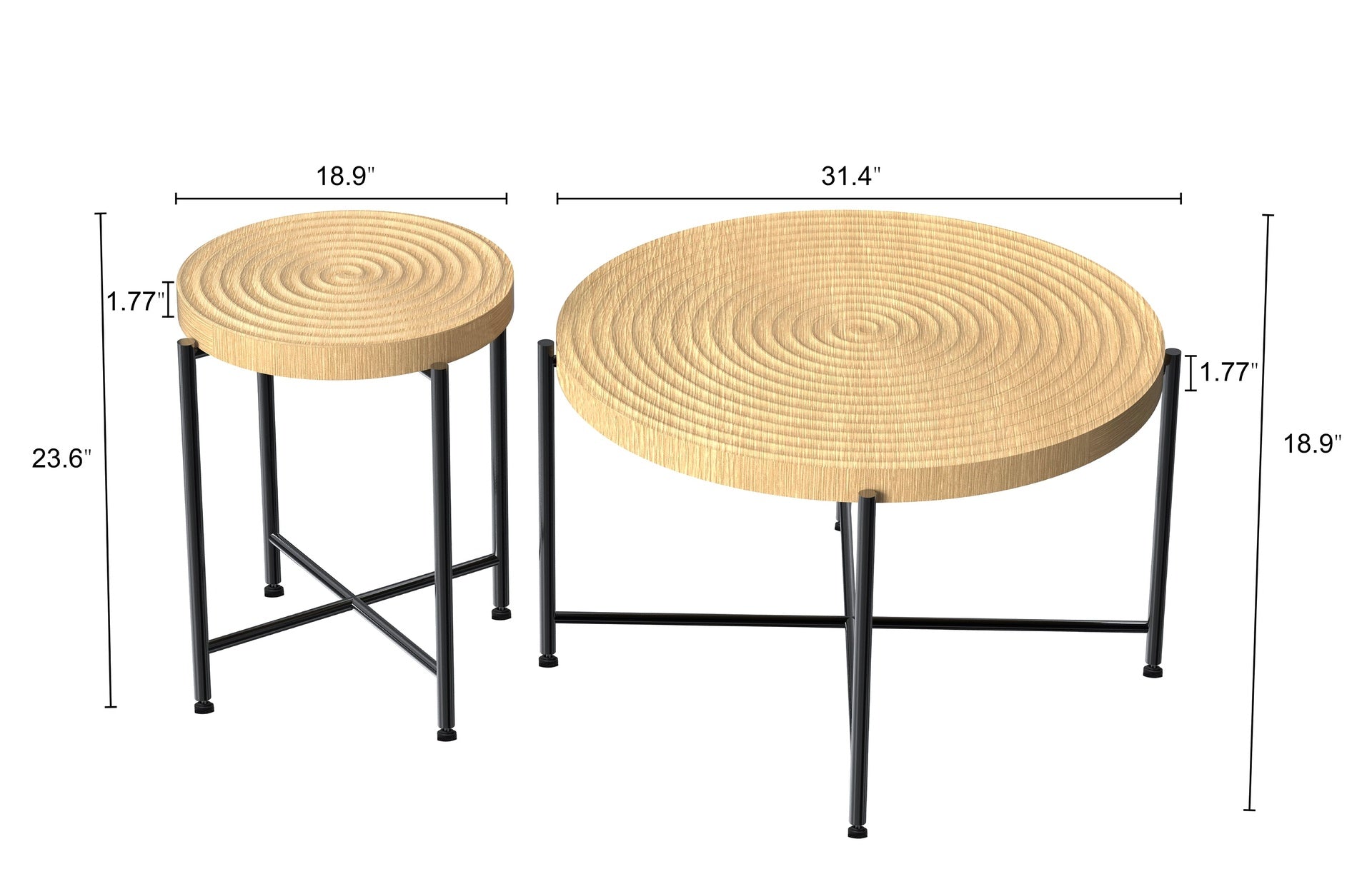 2-Piece Coffee and End Table Set – Waterproof MDF with PVC Cover, Distressed Cylindrical Design, Black Metal Legs – Classic Rustic Charm, Technical Wood