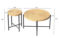 2-Piece Coffee and End Table Set – Waterproof MDF with PVC Cover, Distressed Cylindrical Design, Black Metal Legs – Classic Rustic Charm, Technical Wood