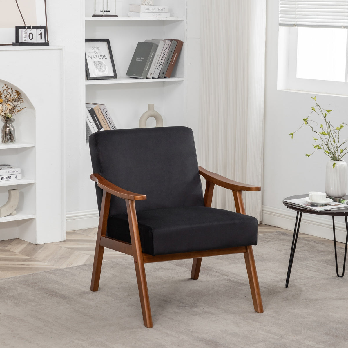 Accent Chair with Velvet Upholstery and Solid Wood Frame, Classic Mid-Century Modern Living Room Furniture for Extra Seating, Black