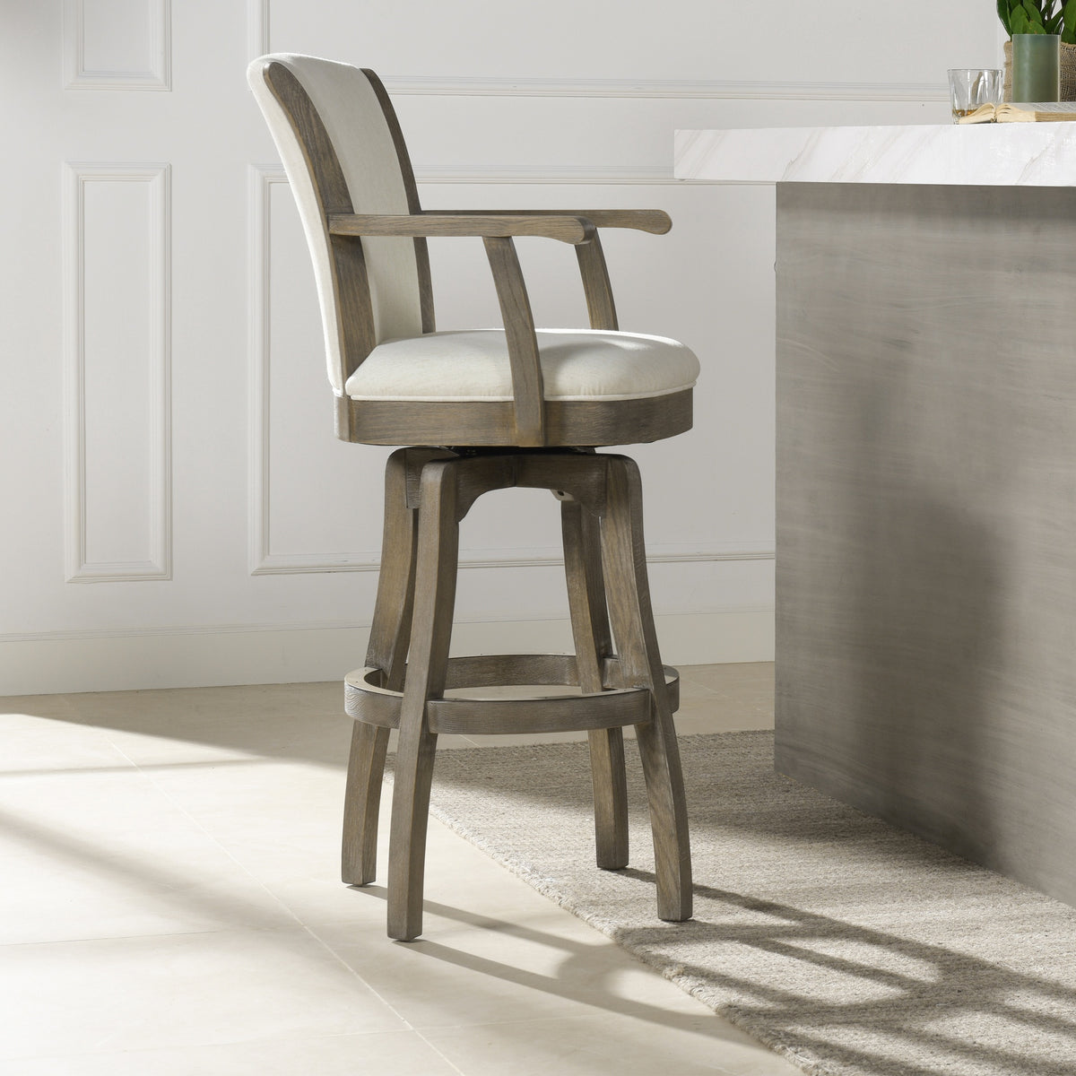 Williams 31i" Swivel Bar Stool with Armrests, Natural White Linen