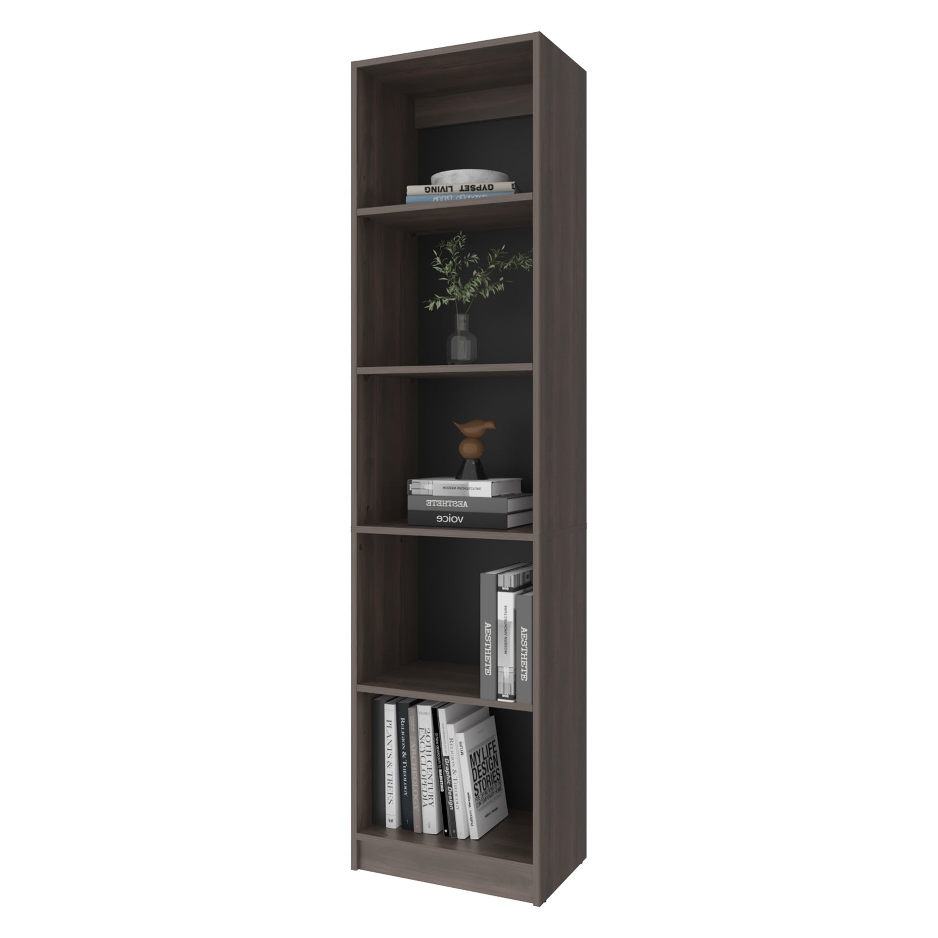 Stained Walnut Bookcase with Open Storage and 5 Shelves