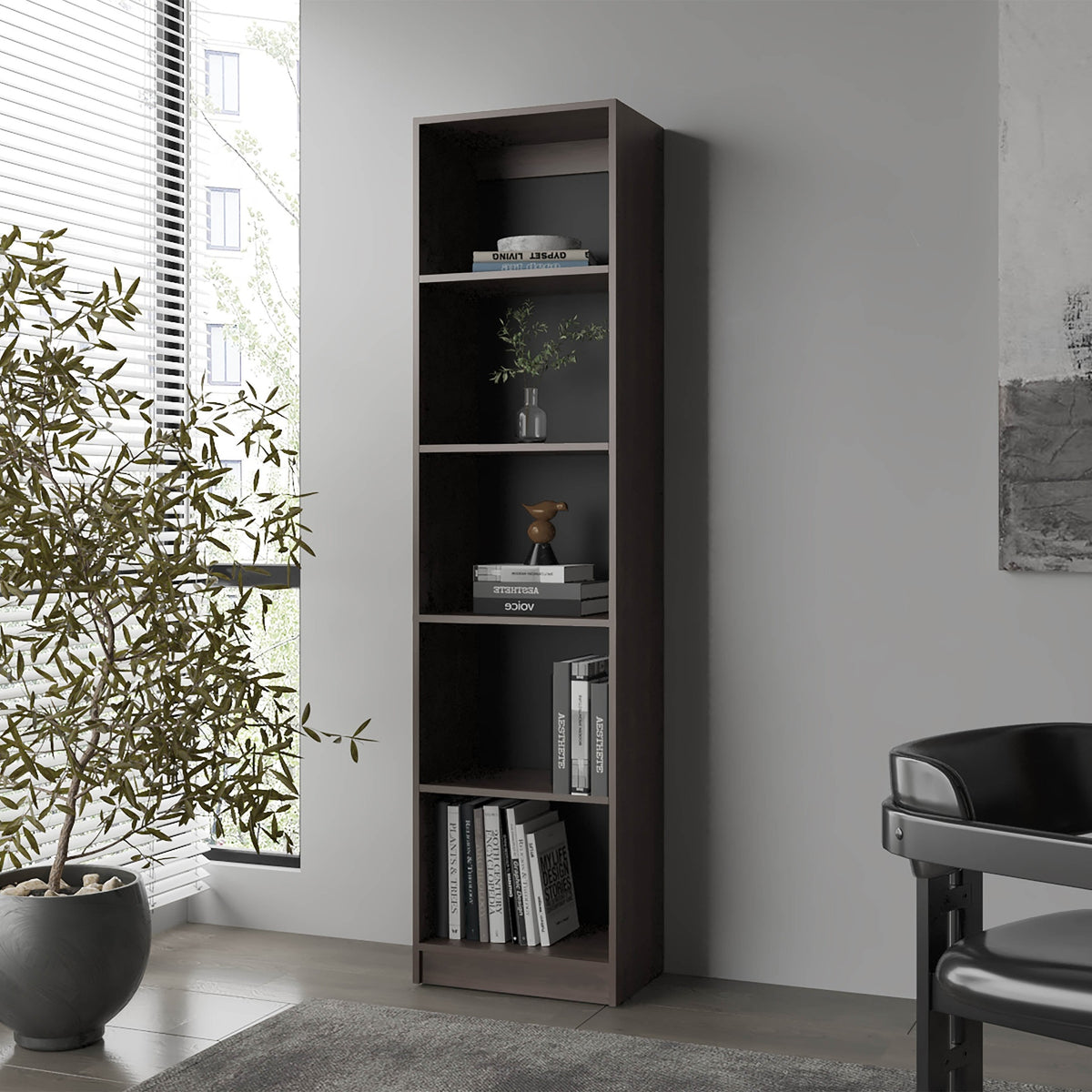 Stained Walnut Bookcase with Open Storage and 5 Shelves