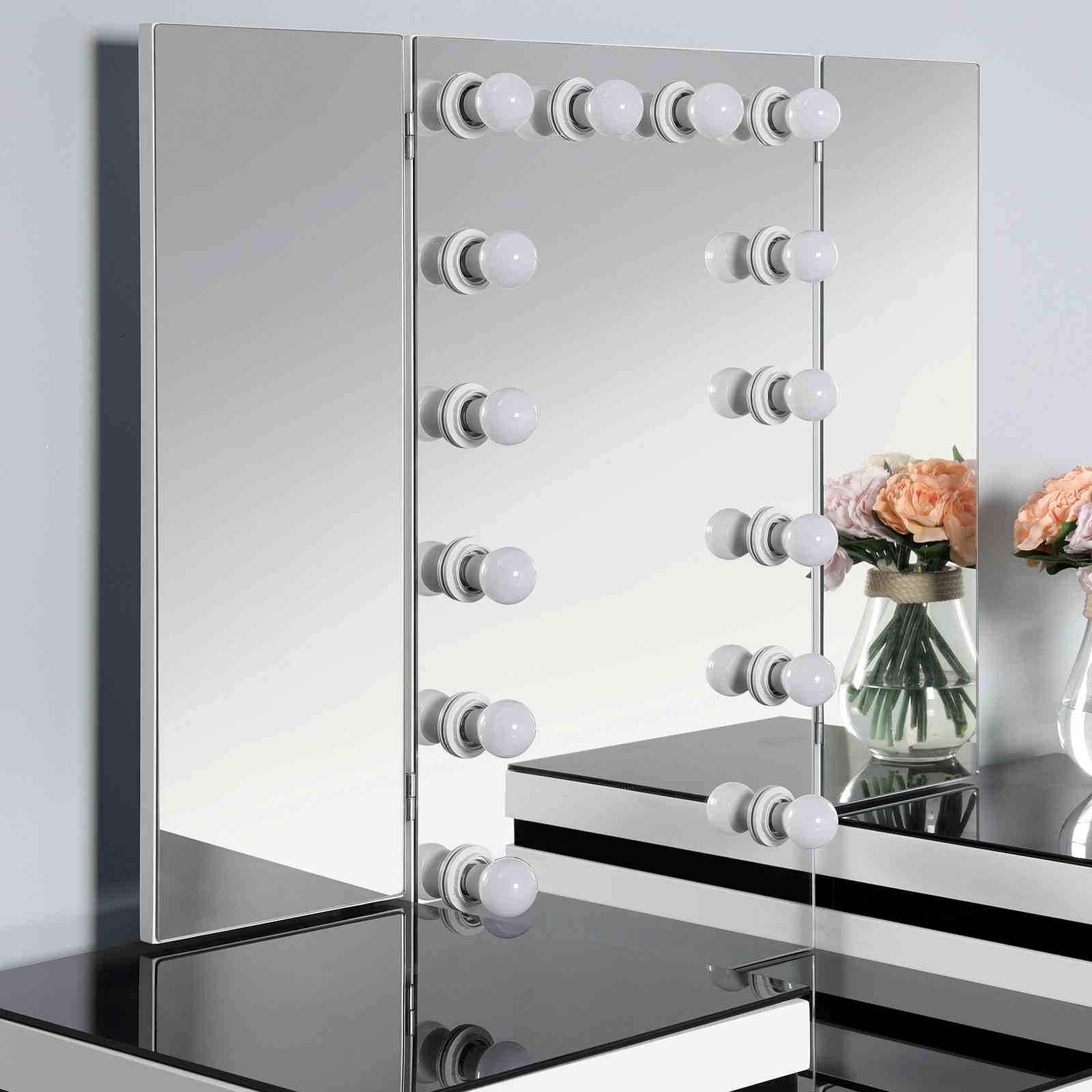 Contemporary Style 1pc Vanity Set Tri-Fold Mirror 14pcs Bulbs Black Glass Table Top Upholstered Stool Seat Knob Handles Felt Lined drawers Black And White Finish