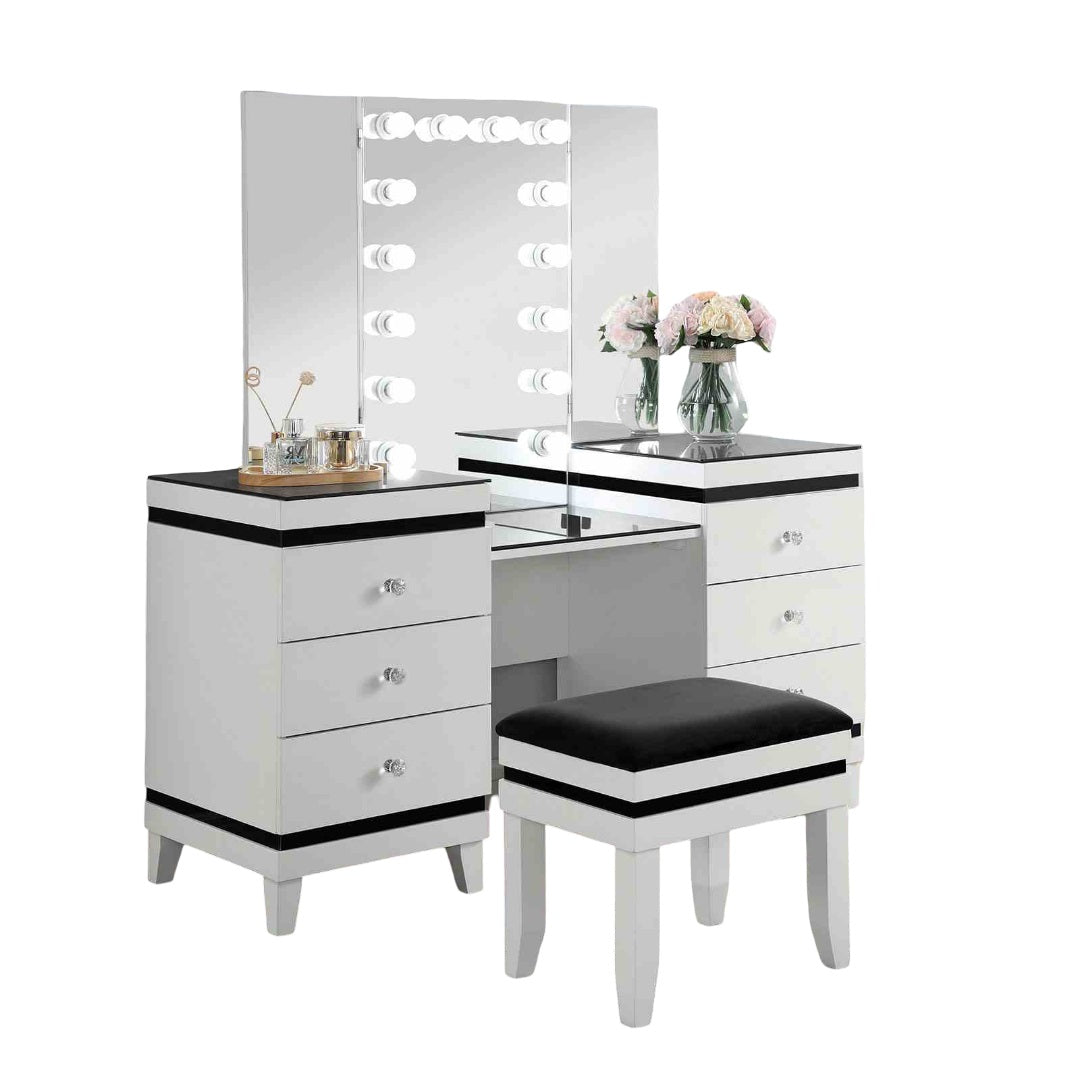 Contemporary Style 1pc Vanity Set Tri-Fold Mirror 14pcs Bulbs Black Glass Table Top Upholstered Stool Seat Knob Handles Felt Lined drawers Black And White Finish