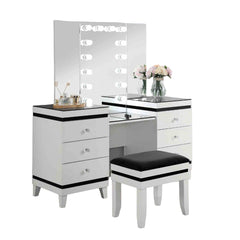 Contemporary Style 1pc Vanity Set Tri-Fold Mirror 14pcs Bulbs Black Glass Table Top Upholstered Stool Seat Knob Handles Felt Lined drawers Black And White Finish