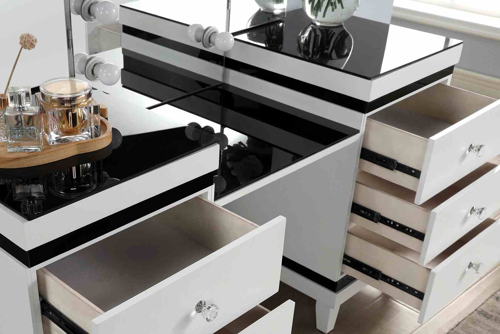 Contemporary Style 1pc Vanity Set Tri-Fold Mirror 14pcs Bulbs Black Glass Table Top Upholstered Stool Seat Knob Handles Felt Lined drawers Black And White Finish