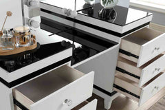 Contemporary Style 1pc Vanity Set Tri-Fold Mirror 14pcs Bulbs Black Glass Table Top Upholstered Stool Seat Knob Handles Felt Lined drawers Black And White Finish