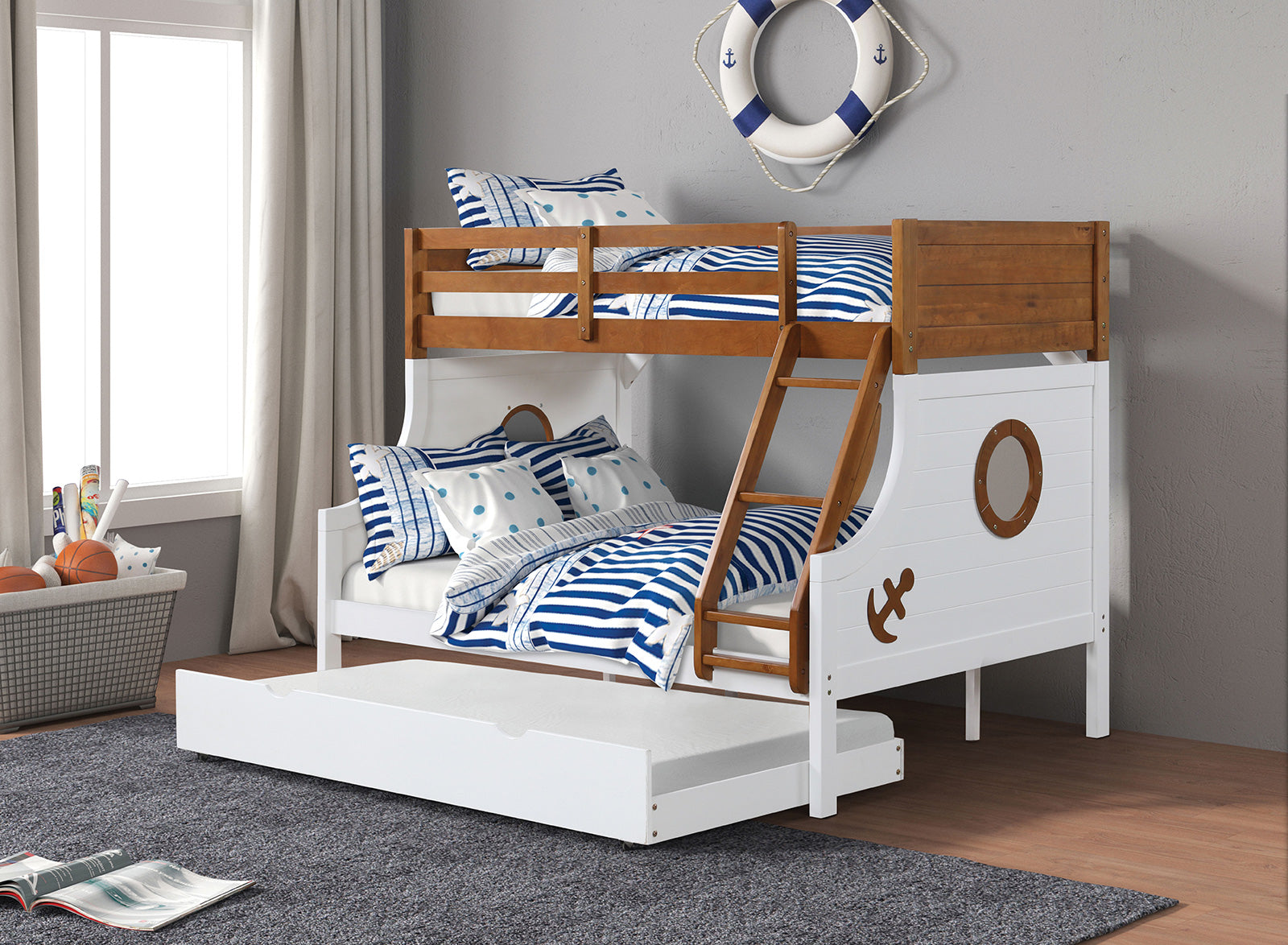 Modern Novelty Style Twin Over Full Bunk Bed With Attached Angled Ladder Rails And Lock Joint Structure For Safety Oak Finish Upper Bed White Finish Lower Bed