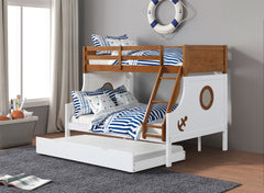 Modern Novelty Style Twin Over Full Bunk Bed With Attached Angled Ladder Rails And Lock Joint Structure For Safety Oak Finish Upper Bed White Finish Lower Bed